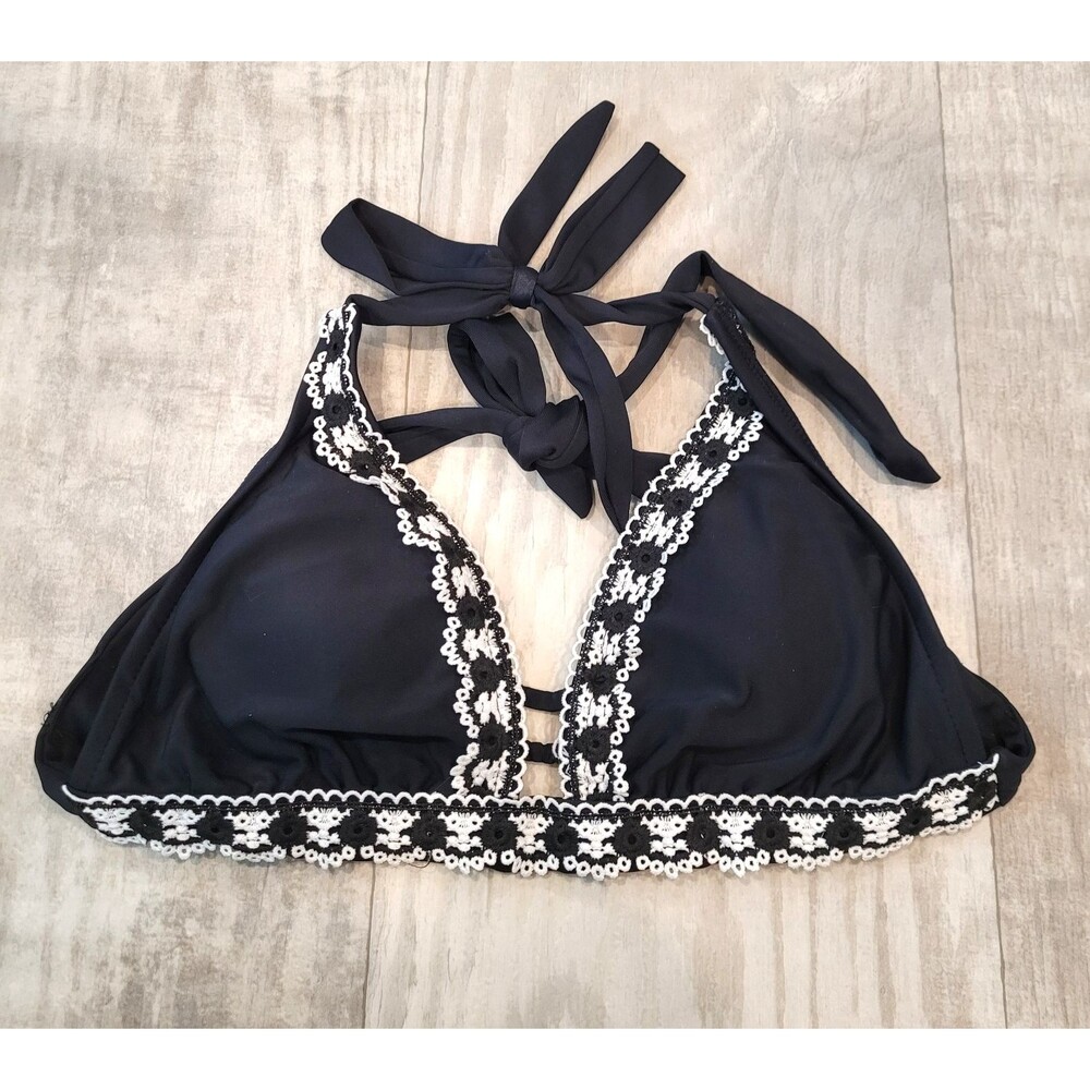 Kona Sol Bikini Swim Top Size S Black White Lace Halter Tie Crochet Beach Boho